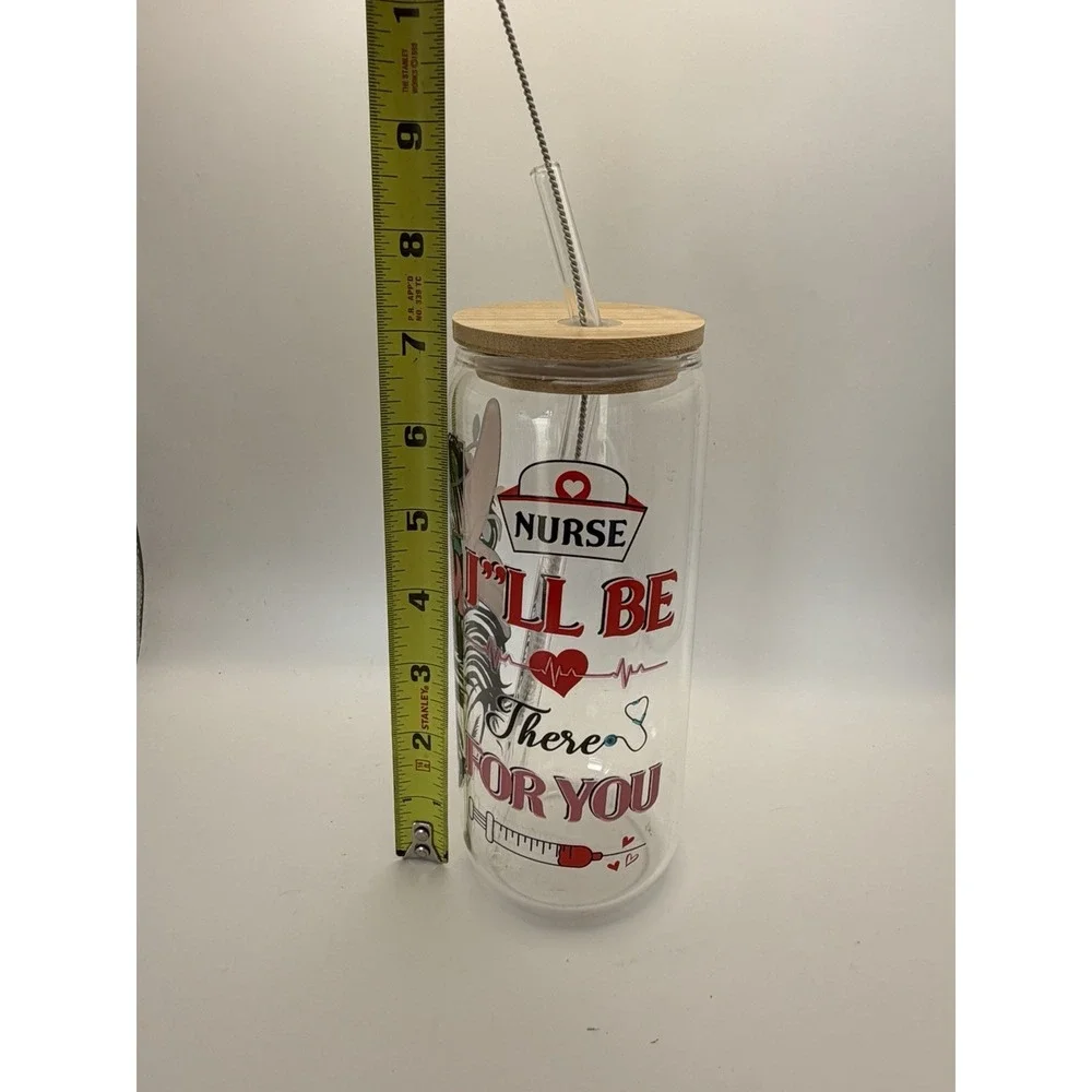 NURSE Glass Tumbler Cup Bamboo Lid Glass‎ Straw & Straw Cleaner
